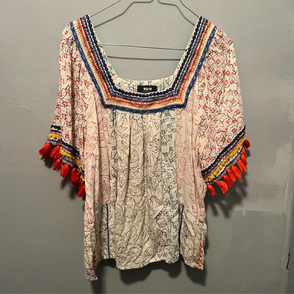 Maeve Cream Embroidered Tunic with Orange Tassel Trim